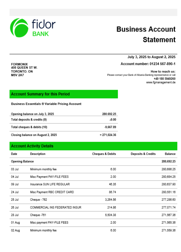 Relevé de compte de l'entreprise bancaire Fidor au format Word et PDF